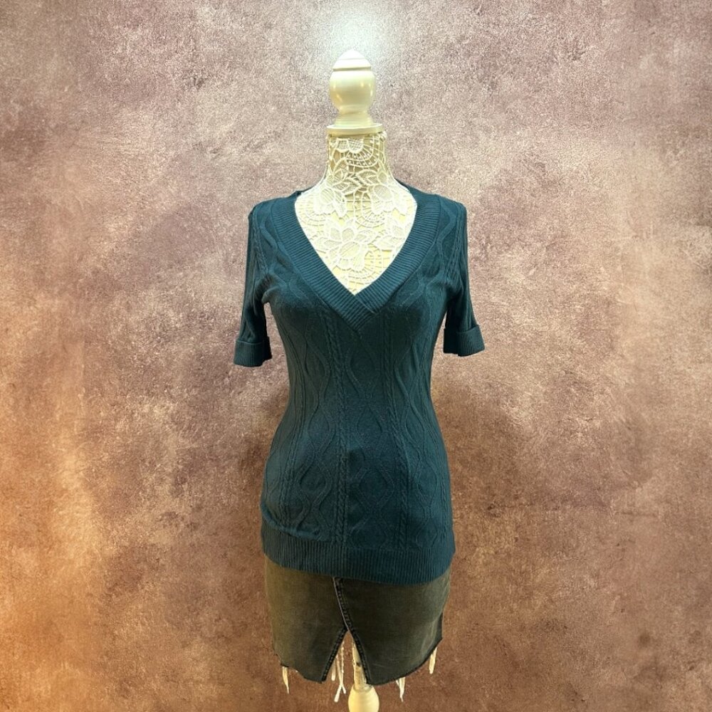 Forever Teal Cable Knit V Neck Fabric